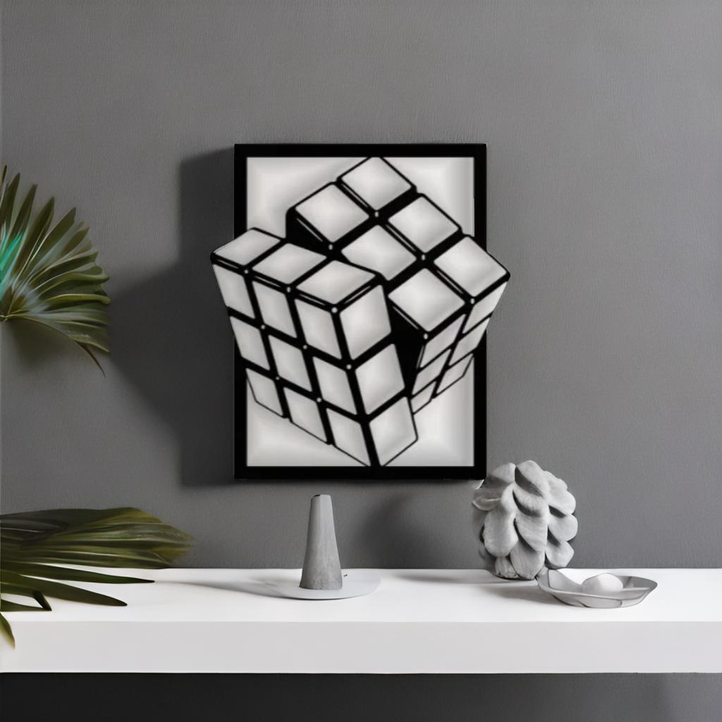 Cuadro Decorativo Minimalista Cubo de Rubik en Blanco y Negro - Arte Contemporáneo Tridimensional
